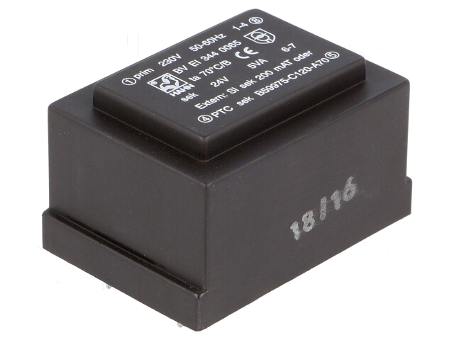 Transformator: ingegoten; 5VA; 230VAC; 24V; 208mA; PCB; BVEI Transformator: ingegoten; 5VA; 230VAC; 24V; 208mA; PCB; BVEI